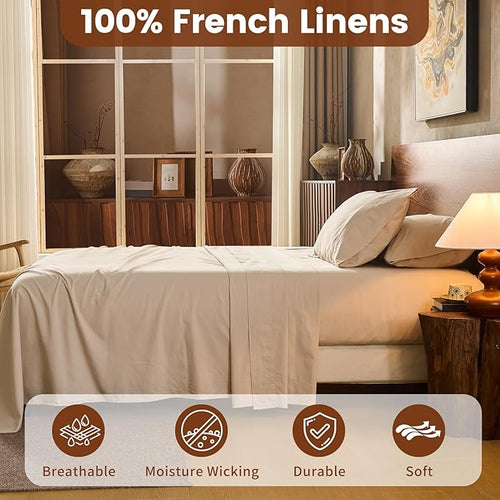 100% Linen Sheets King Size,Breathable & Durable 4-Piece Bed Flax Sheet Set,Soft All-Season Bedding for Hot Sleepers 16" Deep Pocket Oeko-TEX Certified,（King, Linen）