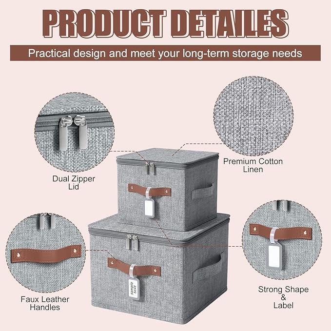 Fiwochic 6 Pack Fabric Storage Bins with Lids and Label, 10×8×7Inch Foldable Cotton Linen Cute Storage Boxes with PU Leather Handles for Closet, Bedroom, Shelf, Nursery, Gray