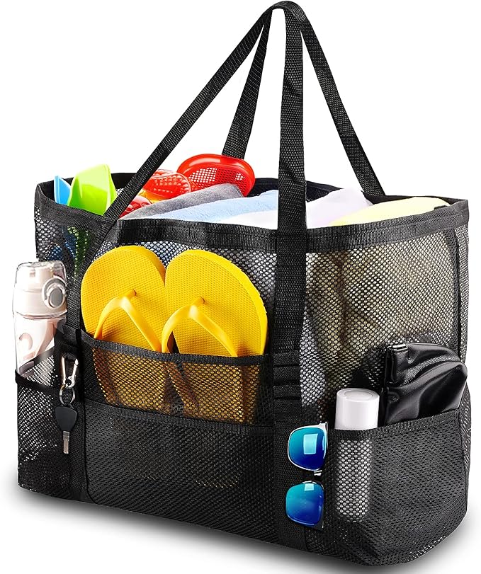 SRISE Mesh Beach Bag - Large Beach Tote Bag for Family Beach Bag for Toys & Vacation Essentials