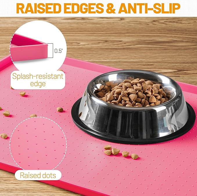 Hubulk Dog Feeding Mat,100% Waterproof Food Grade Silicone Pet Food and Water Bowl Placemat,Dishwasher, High Raised Edge to Prevent Spills,Nonslip Tray to Stop Messes on Floor (19"x12"x0.5", Pink)