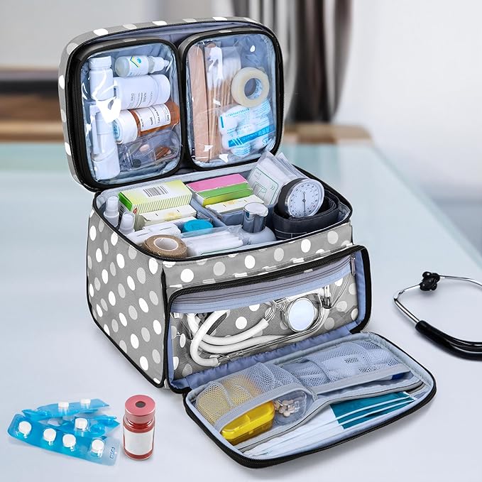 LUXJA Medicine Bag with 2 Detachable Clear Pouches, Pill Bottle Organizer with Detachable Dividers (Suitable for Home or Travel Use), Gray Dots
