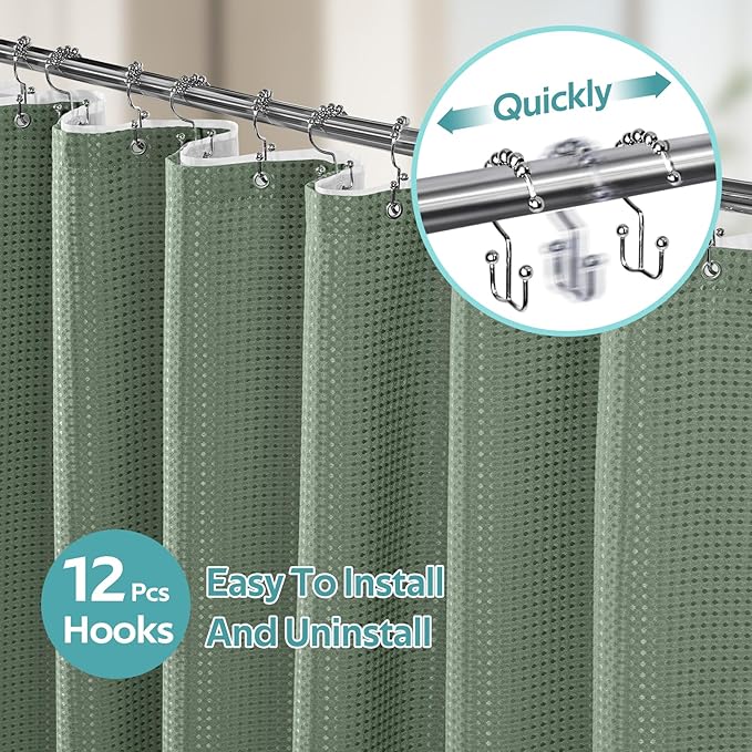 Vipfree 3 in 1 Shower Curtain Set, Waffle Shower Curtain and Liner Set with 12 Double Sided Shower Curtain Hooks, 258GSM Luxury Weighted Cloth Shower Curtains for Bathroom, 72 W x 84 H, Sage Green