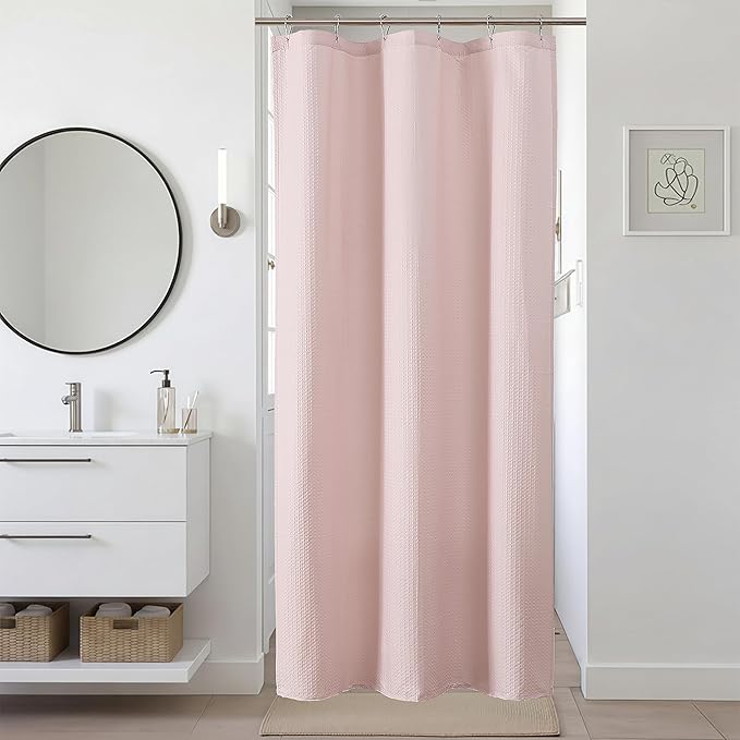 Ebesto Pink Stall Shower Curtain 36 x 72 Inch, Textured Soft Fabric Waffle Narrow Size Modern Shower Small Curtain for Bathroom Hotel, Machine Washable, Water Resistant, 36Wx72L Inches