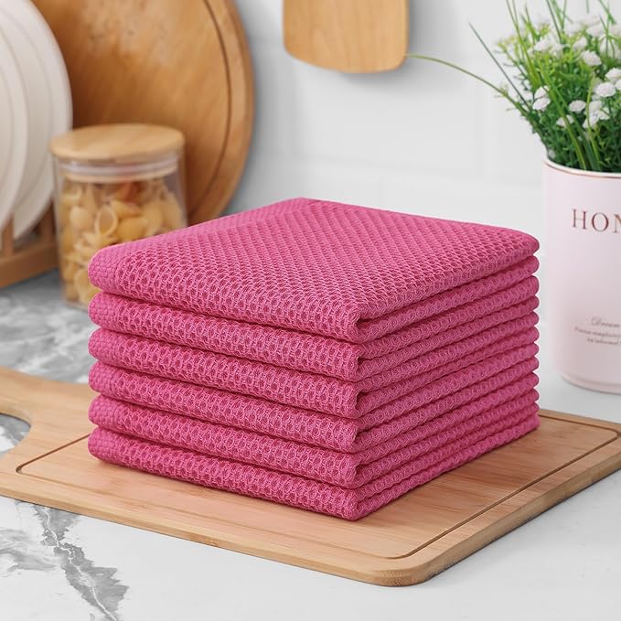 Kitinjoy 100% Cotton Kitchen Dish Cloths, 8 Pack Waffle Weave Ultra Soft Absorbent Dish Towels for Drying Dishes Quick Drying Kitchen Towels Dish Rags, 12 X 12 Inches, Hot Pink