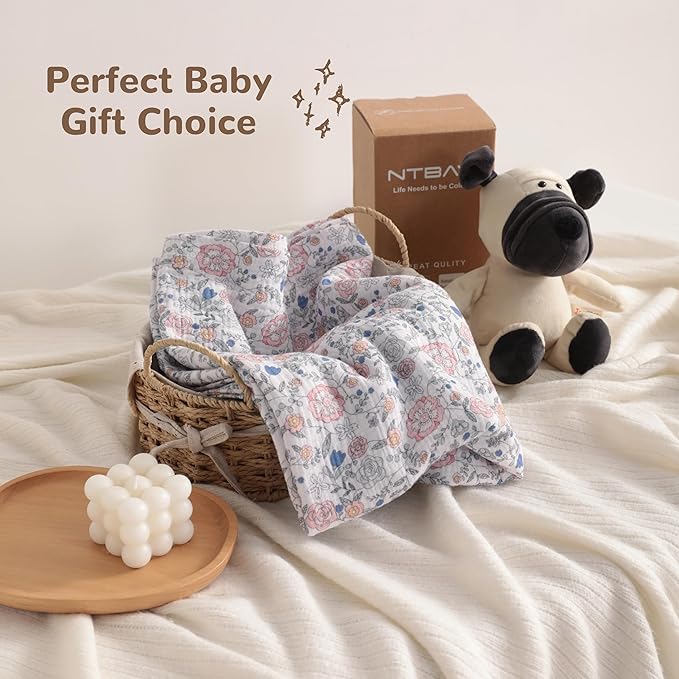 NTBAY 2 Layer Muslin Cotton Baby Swaddle Blanket, 30x40 Soft and Breathable Receiving for Newborns and Infants, Perfect for Crib, Stroller, Travel, Lightweight Nursery Blanket, Vintage Floral