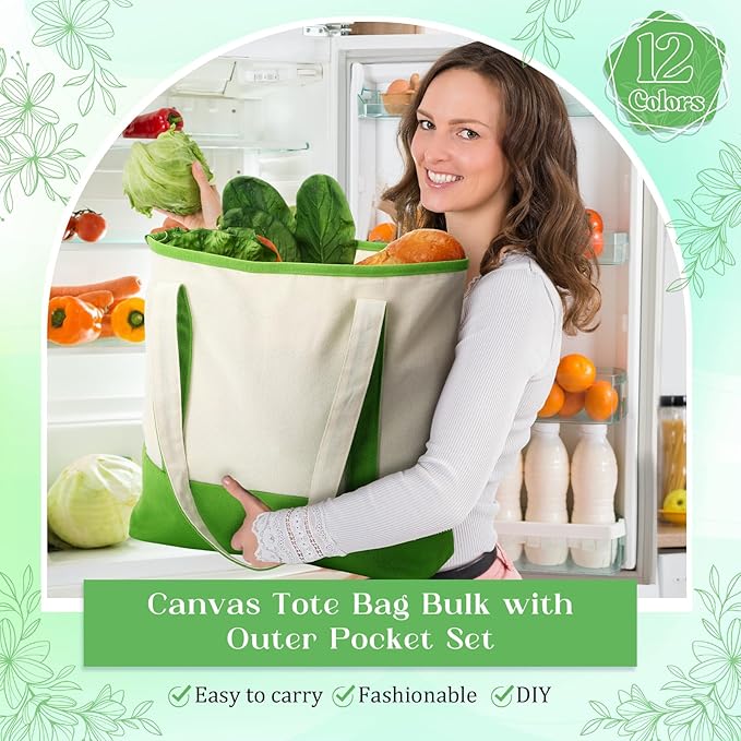 Sanwuta Canvas Tote Bags Bulk with Outer Pocket and Makeup Pouch 18'' Reusable Grocery Bags with Handles for Women Beach DIY
