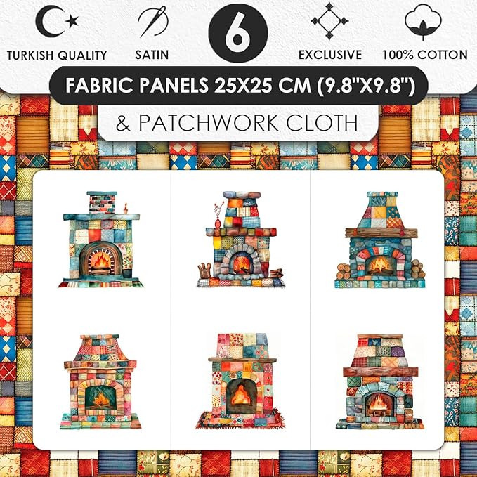 Patchwork Fireplace Cotton Fabric Panel – 6 Designs (10×10 inch Each) + Bonus Sheet 29.5×19.6 inch, 100% Cotton 140 GSM, Made in Türkiye