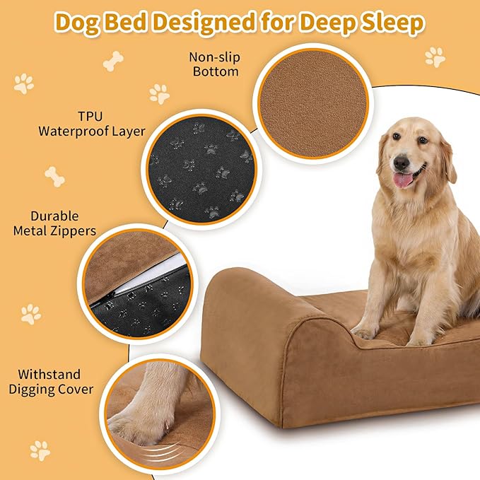 Rainmr Orthopedic Dog Beds for Large Dogs, 7" Memory Foam Dog Beds with Waterproof Liner, Durable Microsuede Cover, Removable and Washable, Nonskid Bottom, 52"x36"x7" XL Khaki