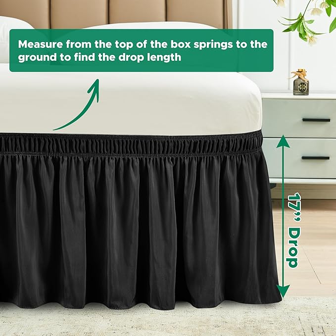Biscaynebay Wrap Around Bed Skirts for King & Cal King Beds 17" Long Drop, Black Adjustable Elastic Dust Ruffles Easy Fit Wrinkle & Fade Resistant Silky Luxurious Fabric Solid Machine Washable