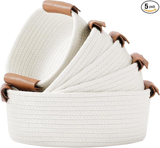 ECDYQXVU 5 Piece Storage Baskets Small Woven Basket with Detachable Leather Handle, Cotton Rope Shelf Baskets for Closet Organizers, Different Sizes Basket Decor, White