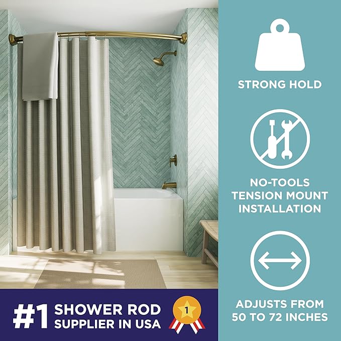 Zenna Home Rustproof Double Curved Shower Curtain Rod, No Drill Tension Mount, 50 to 72 Inches Adjustable Tension Shower Rod for Bathroom, Curves Out for Extra Room, Gold