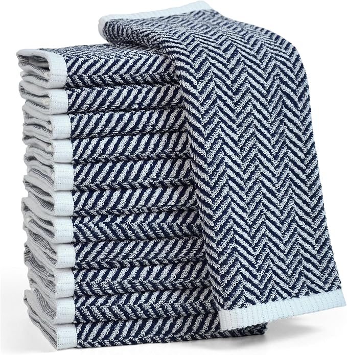 Cleanbear Wash Cloths for Showering with Striped Herringbone Patterns, 12 Cotton Washcloths for Bathroom, Large 13 X 13 Inches, Navy-Blue