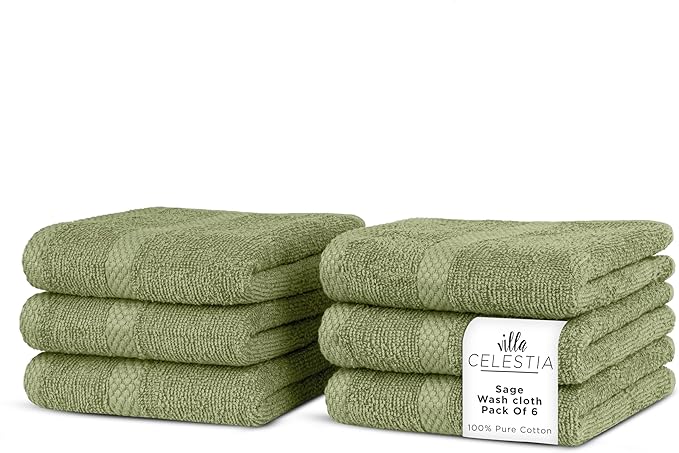 Villa Celestia 100% Cotton Wash Cloth for face & Body Set of 6, (12 x 12 inches) Sustainable, Soft, Highly Absorbent, Combed Cotton Wash Cloths Pack of 6 for Hotels, Spa, Bathroom, Dorm, Sage