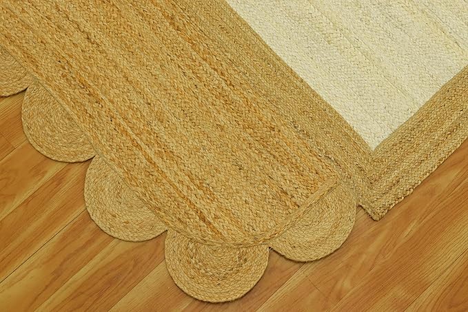 Scalloped Edge Rug, Hand Woven Natural Jute Area Rug, 3x3 Ft Square Beige & Brown Braided Kilim Rugs for Living Room, Kitchen, Entryway, Farmhouse