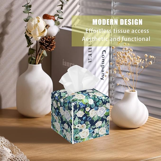 BLYKVGHQ Botanical Leaves Square Tissue Box Cover Watercolor Flowers Tissue Box Holder Facial Cube Paper Dispenser Leather Decorative Organizer Home Office Desk Decor, 5.2"x5.2"x5.2"