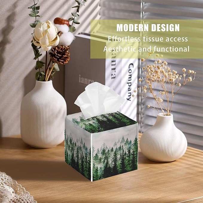 Watercolor Leather Tissue Box Holder Foggy Forest Tissue Box Cover Facial Paper Case Organizer Cube Napkin Dispenser for Bathroom Vanity Countertop Night Stand Office Car