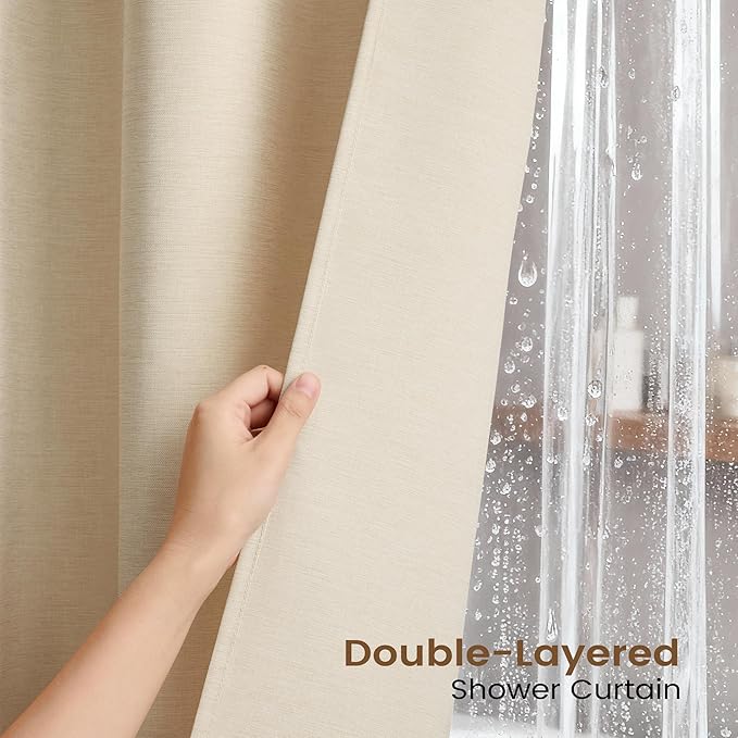 BTTN Stall 3 in 1 Shower Curtain Set, Small Linen Textured Fabric Shower Curtain and Clear Liner Set with 6 Hook, Half Modern Hotel Luxury Waterproof Shower Curtain for Bathroom, Cream/Beige, 36x72