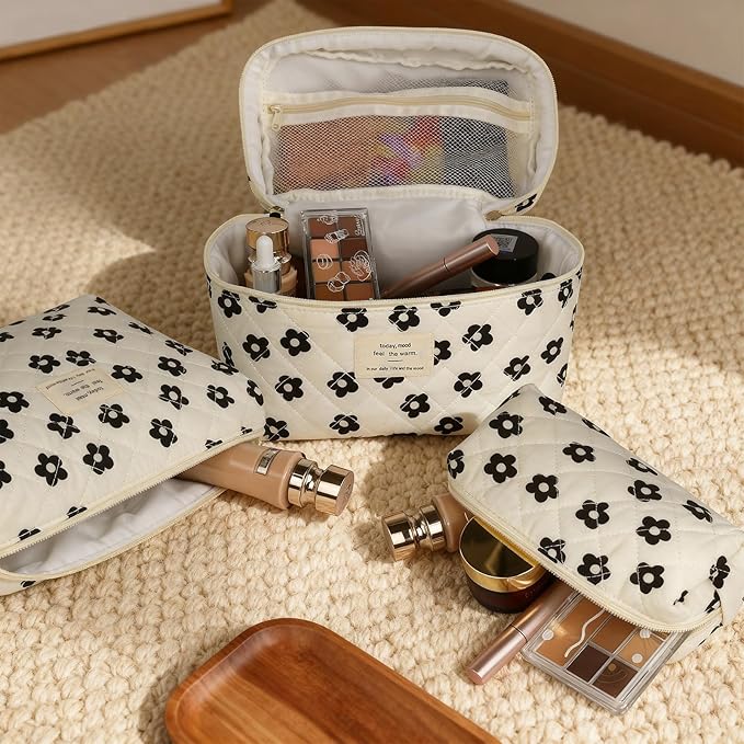 Gosect 3pc Makeup Bag Set, Quilted Makeup Bag Set, Large Floral Cosmetic Bag for Women, Cute Cotton Makeup Bags, Flower Travel Toiletry Organizer Bag (Black Flowers)