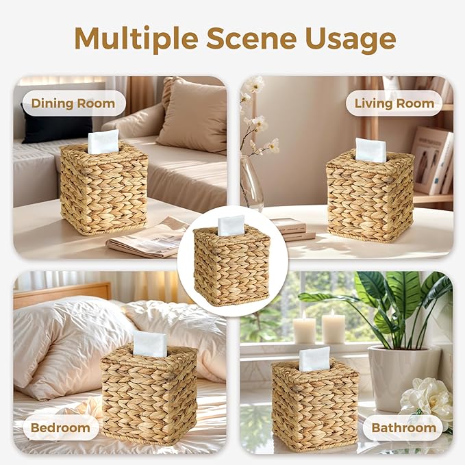 KALEKAIL 4 Pack Wicker Tissue Box Cover, Rattan Tissue Box Holder Square, Boho Decorative Woven Water Hyacinth Cube Tissue Holders