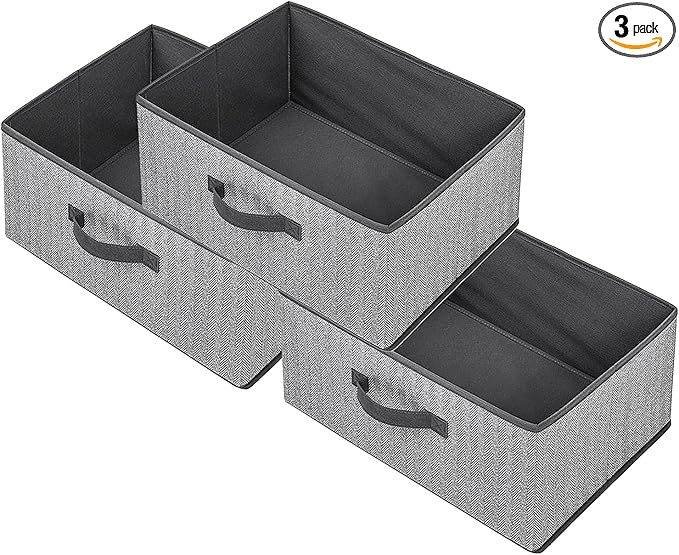 EITMOW Storage Baskets, 15.7 Inch Woven Fabric Bins, Storage Cubes with Reinforced Handles, Organizer Bins for Closet Shelves, Foldable, for Toys, Clothes, Natural Beige (3PCS/Grey-15.7*11*7.8inch)