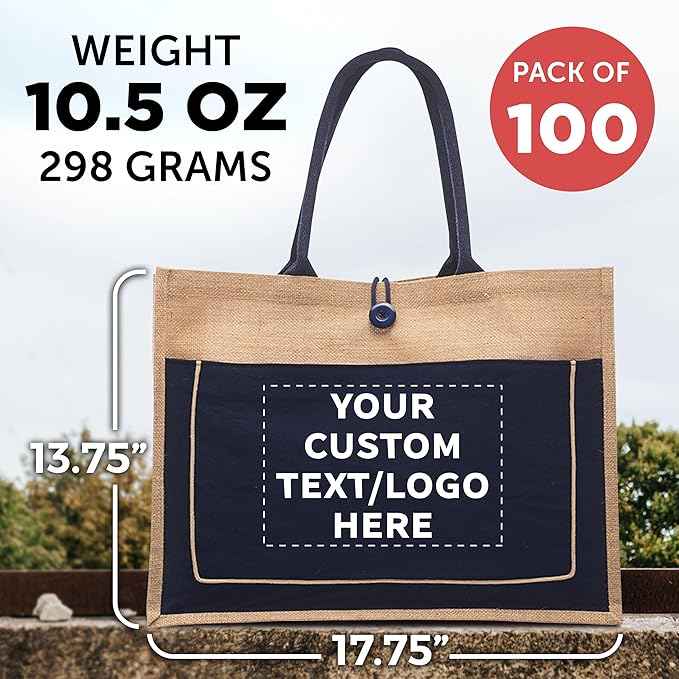 DISCOUNT PROMOS Custom Jute Tote Bags with Cotton Pocket Set of 100, Personalized Bulk Pack - Reusable, Great for Picnic, Camping, Beach, Outdoor Activities - Navy Blue