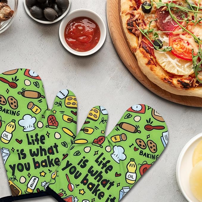 2 Pack Funny Baking Oven Mitts, Life is What You Bake It, Heat Resistant Silicone Non-Slip Mitts, Sweet Housewarming Gifts for Women Bake Lovers, Hostess Gifts for Mom Wife Sister Friend