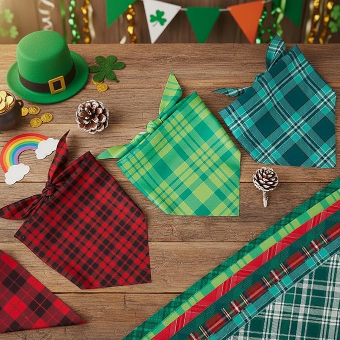 Abbylike 50 Pcs Valentine's & St. Patrick's Day Dog Bandanas Bulk Red & Green Plaid Bandanas for Dogs Triangle Kerchief Bib Scarf for Pet Holiday Costume Photo Props Accessories (25.6 x 17.7 x 17.7)