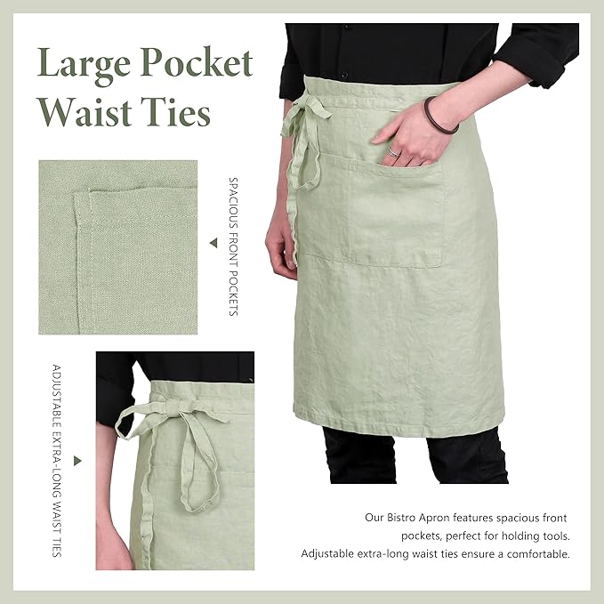 Pure Linen Bistro Half Apron - 25 x 35 Inch Unisex Waist Aprons with Large Pocket Ideal for Kitchen Crafts and More