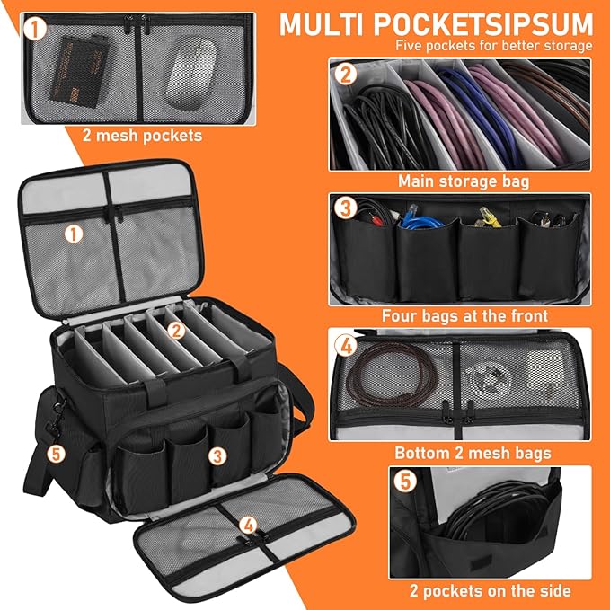 IBVIVIC DJ Cable File Bag with 6 Detachable Dividers High Capacity Gig Cable Bag for Cords, DJ Gear, Sound Instrument and Accessories, Grey