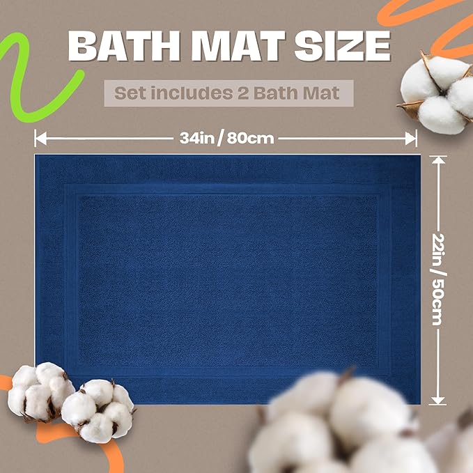 Infinitee Xclusives Premium Cotton Bath Mats for Bathroom – Pack of 2 | 34x22 Inches | Ultra Soft, Super Absorbent, Non-Slip, Machine Washable Mats (Tranquil Navy) [Not a Rug]