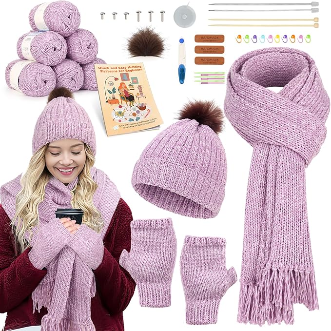 Katech Knitting Kit for Beginners Adults-Beginners Knitting Kit for Adults-Learn to Knit Kits for Adult Beginner Kids w/Step-by-Step Instruction-Complete Hat Scarf Gloves Knitting Starter Kit