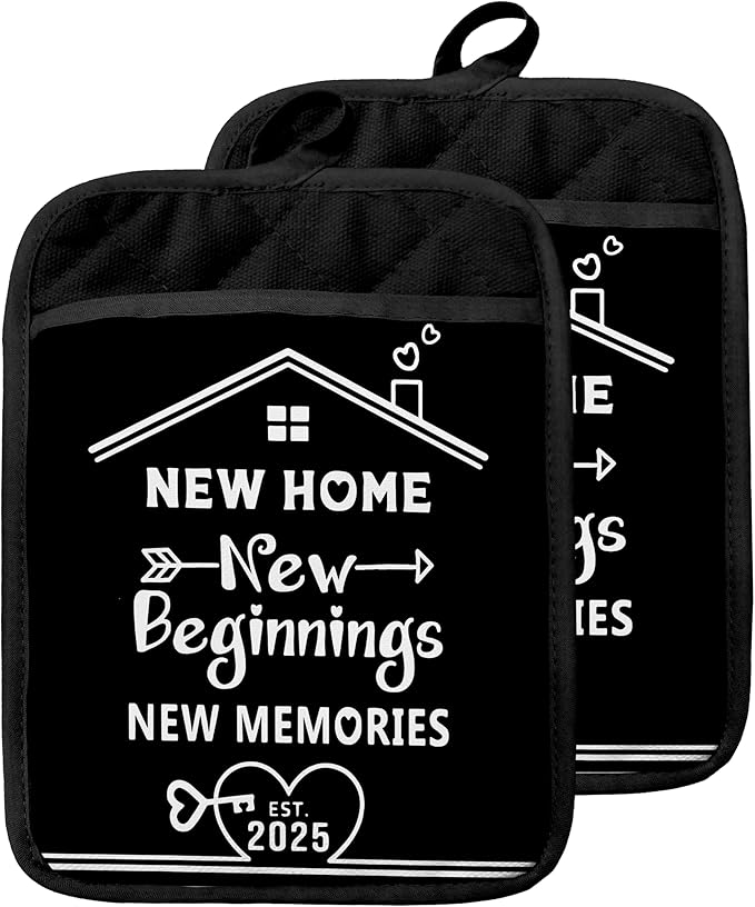 Housewarming Gifts Pot Holders with Pockets, New Home New Beginnings Memories Oven Pot Holders Heat Resistant Oven Mitts Hot Pads for Kitchen Baking Cooking