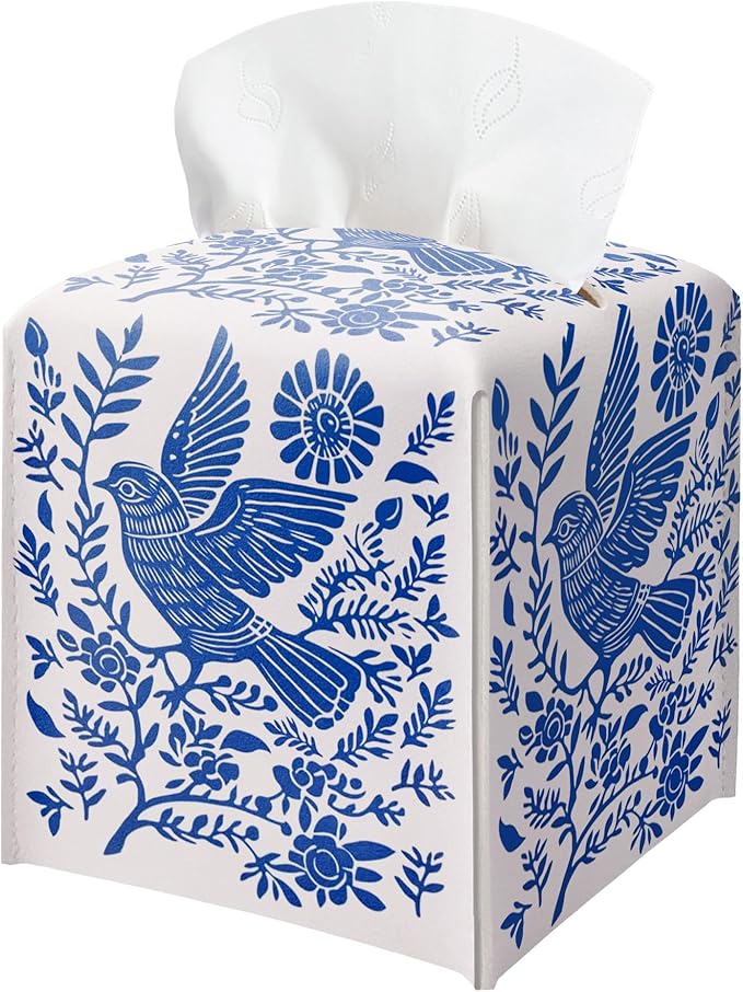 Blue Tissue Box Holder, Scandinavian Boho Bird Leather Tissue Box Cover Square, Paper Napkins Everyday Dispenser for Bathroom Vanity Countertop Night Stands Kitchen Office Car Home Decor