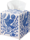 Blue Tissue Box Holder, Scandinavian Boho Bird Leather Tissue Box Cover Square, Paper Napkins Everyday Dispenser for Bathroom Vanity Countertop Night Stands Kitchen Office Car Home Decor