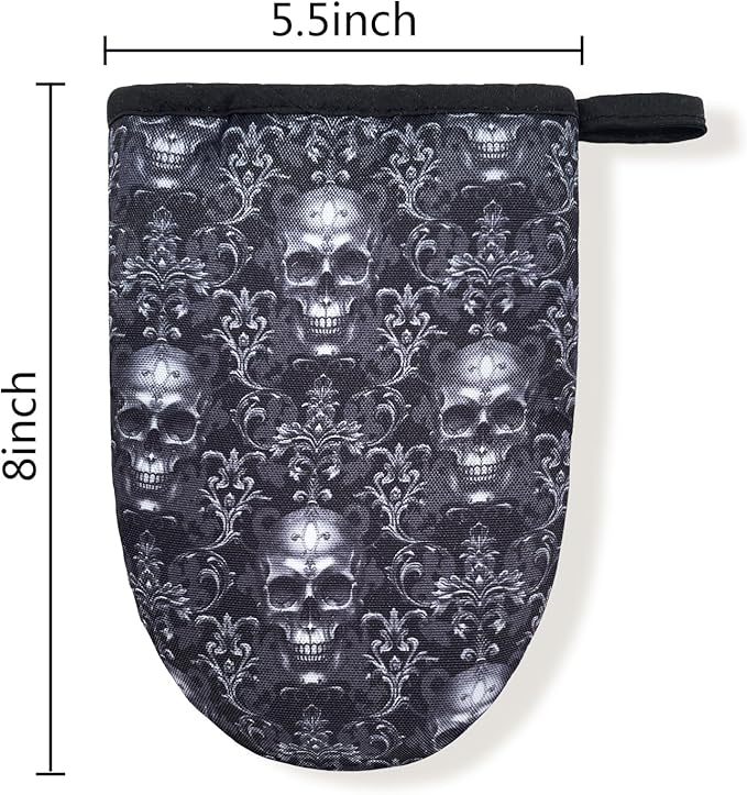 Black Gothic Skull Goth Skeleton Flower Mini Silicone Oven Mitts, Heat Slip Resistant Kitchen Gloves 2-Pack Set, Soft Short Small Oven Mittens Pot Holders for Baking Grilling Barbecue Microwave Gift