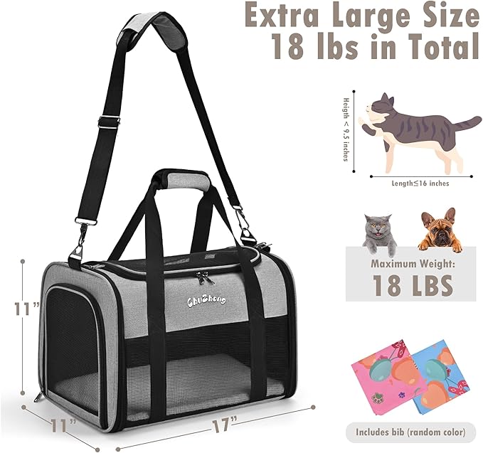 Chuzhong Airline Approved Pet Carrier for Cats & Small Dogs (Up to 18 Lbs) - Soft Sided Travel Carrier with Washable Pad (Grey)