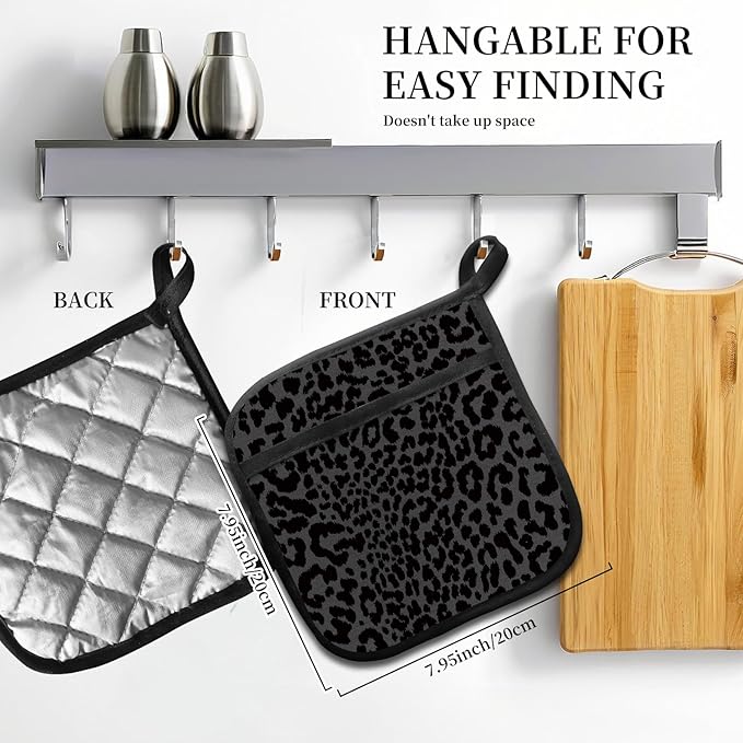 2 Pack Pot Holders for Kitchen Clearance, Cute Hot Pads, Funny Oven Pot Holders, Potholders Sets for Kitchen Heat Resistant Luxury Black Leopard