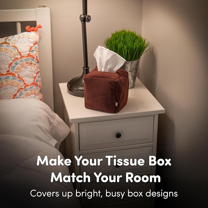 TOGI Corduroy Tissue Box Cover - Soft & Puffy Cube Design Adds a Warm, Cozy Touch - Soft Tissue Box Cover Square Fits Standard Square Boxes from Everyday Brands - Cozy Home & Office Decor - (Brown)