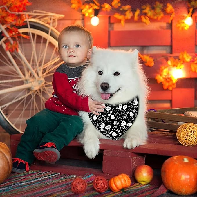 Halloween Dog Bandanas Reversible 2 Pack Small, Orange Black Spider Web Ghost Witch Hat Cute Halloween Pet Bandanas for Dogs Adjustable Triangle Holiday Scarves for Small Medium Boy Girl Dogs