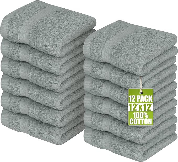 Utopia Towels 12 Pack Premium Wash Cloths Set, 12 by 12 Inches, 100% Cotton Ring Spun, Highly Absorbent and Soft Feel Essential Washcloths for Bathroom, Spa, Gym, and Face, Cool Grey