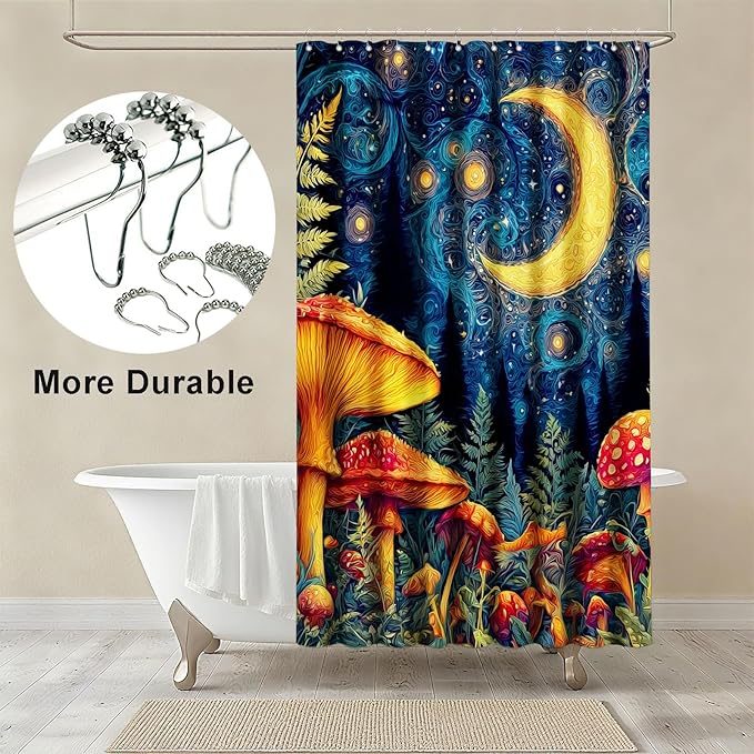 mutakin Mushroom Shower Curtain Moon Aesthetic Shower Curtains for Bathroom Waterproof Fabric Bath Curtain Decor with Hooks