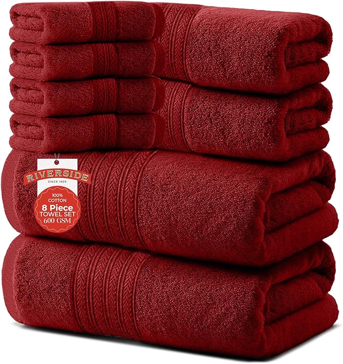 RIVERSIDE Pack of 8 Towels Set, 2 Large Bath, 2 Hand, 4 Face Washcloths, 100% Cotton Hotel Quality, Super Soft, Quick Dry, Highly Absorbent Perfect for Bathroom, Red