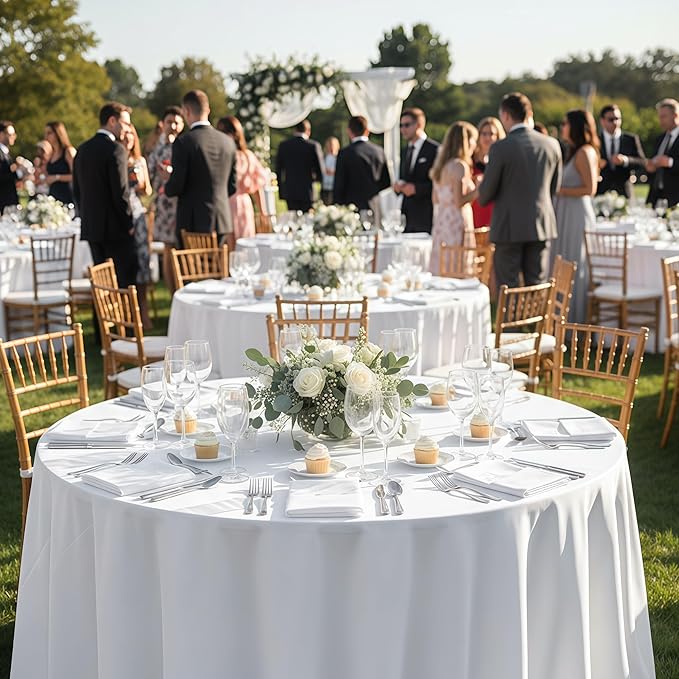 10-Pack White Round Tablecloths, 108 Inches, Stain-Resistant Polyester for 4-5 Ft Round Tables - Washable Table Covers for Weddings, Banquets, Birthday Parties, Events