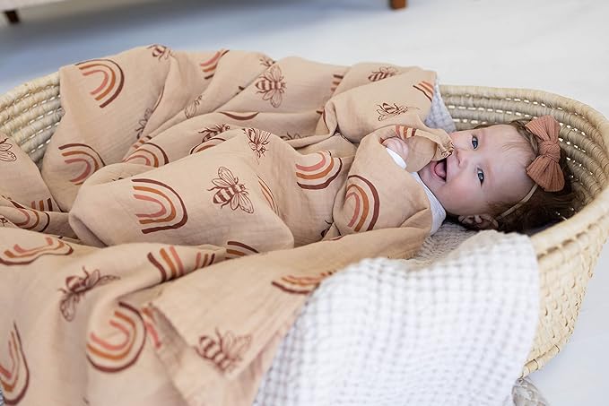 Leyl&Ari Muslin Baby Swaddle Blanket |100% Organic Cotton Receiving Blanket (Rainbow/Bee Set)