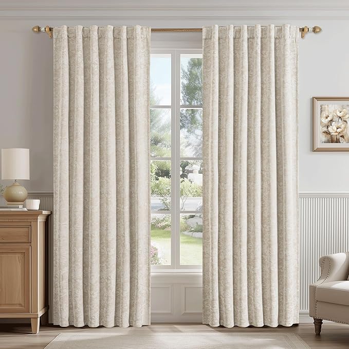 Beauoop Beige Floral Jacquard Blackout Curtains 96 Inches Long 2 Panels for Bedroom Living Room Chenille Flower Room Darkening Thermal Insulated Soundproof Rod Pocket Back Tab Window Drapes, 52x96