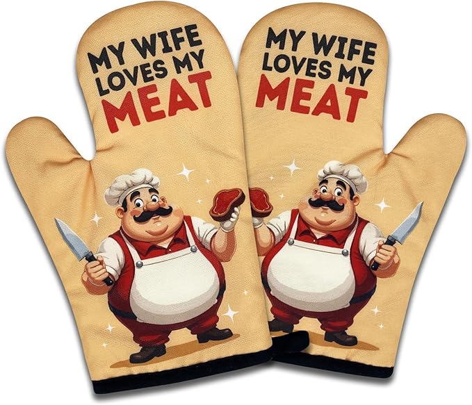 2 Pack Funny BBQ Oven Mitts, My Wife Loves My Meat, Heat Resistant Non-Slip Mitts, Husband Christmas Birthday Gifts from Wife, Humorous Grilling Cooking Gifts for Men Husband Chef Friend