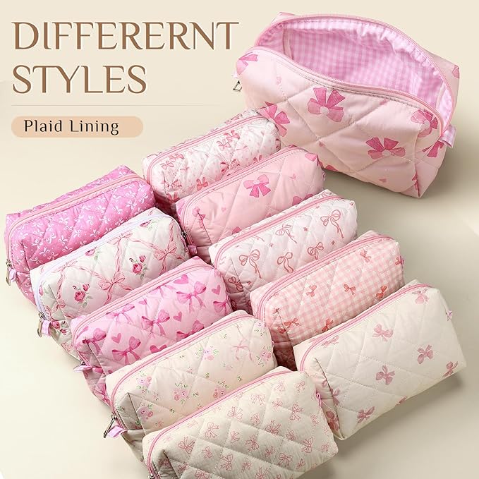 Paterr 10 Pcs Quilted Makeup Bag Bulk Cotton Floral Cosmetic Bag Women Girls Bridesmaid Gifts Cute Makeup Pouch Coquette Aesthetic Travel Toiletry Organizer(Pink Bow,6.30 x 3.94 Inches)