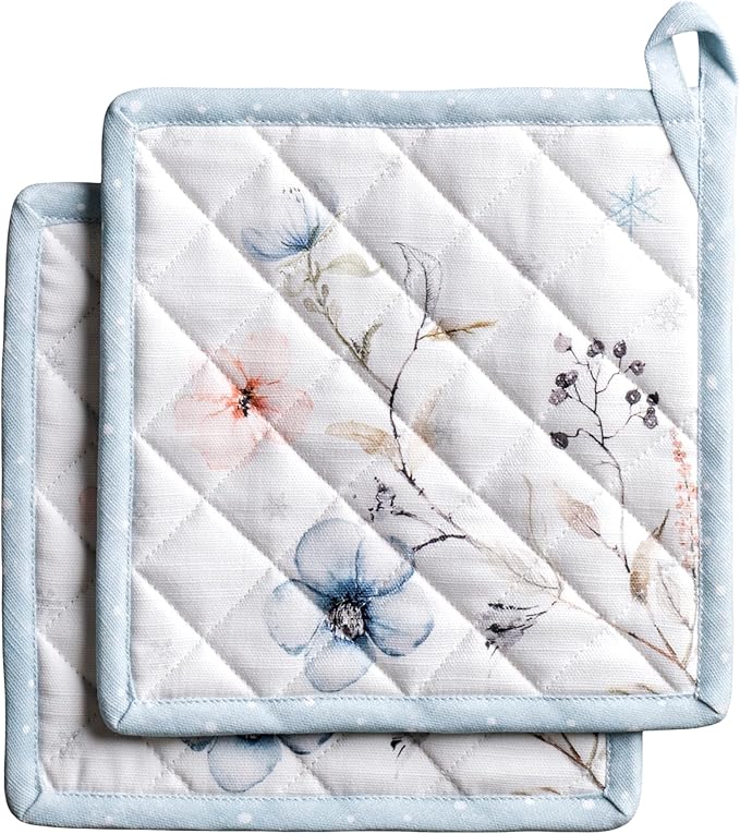 Maison d' Hermine Pot Holders Set 100% Cotton Heat Resistant Potholders 8" x 8" Hot Pads with Loop for Thanksgiving Christmas Decorations BBQ Cooking Baking Handling Hot Pans (Pack of 2, Ice Florals)