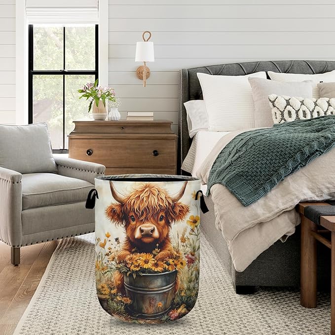 Sunflower Highland Cow Laundry Basket with Sturdy Handles, Collapsible Oxford Cloth Laundry Hamper Organizer Basket for Bathroom Bedroom 15.7x20 Inch