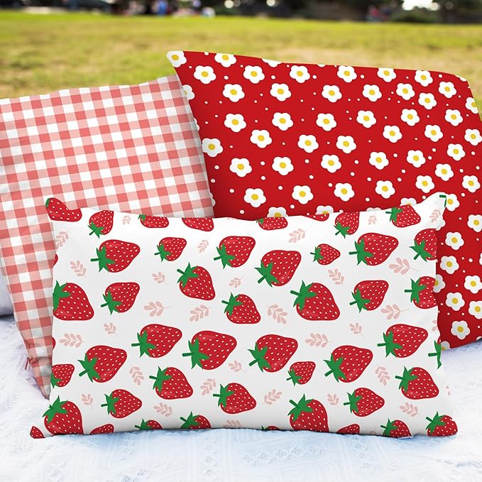 JarThenaAMCS 12Pcs Strawberry Cotton Fabric Bundles 18 x 22 Inch Strawberry Flower Plaid Fat Quarters Colorful Sewing Fabrics for DIY Craft Party Decor